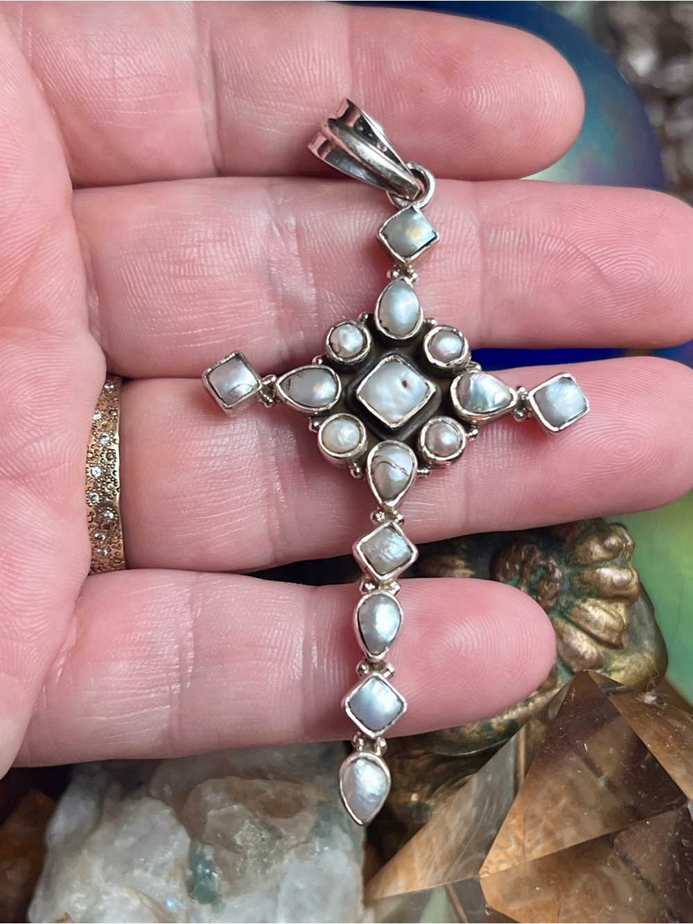 Chunky sterling silver & pearl cross pendant